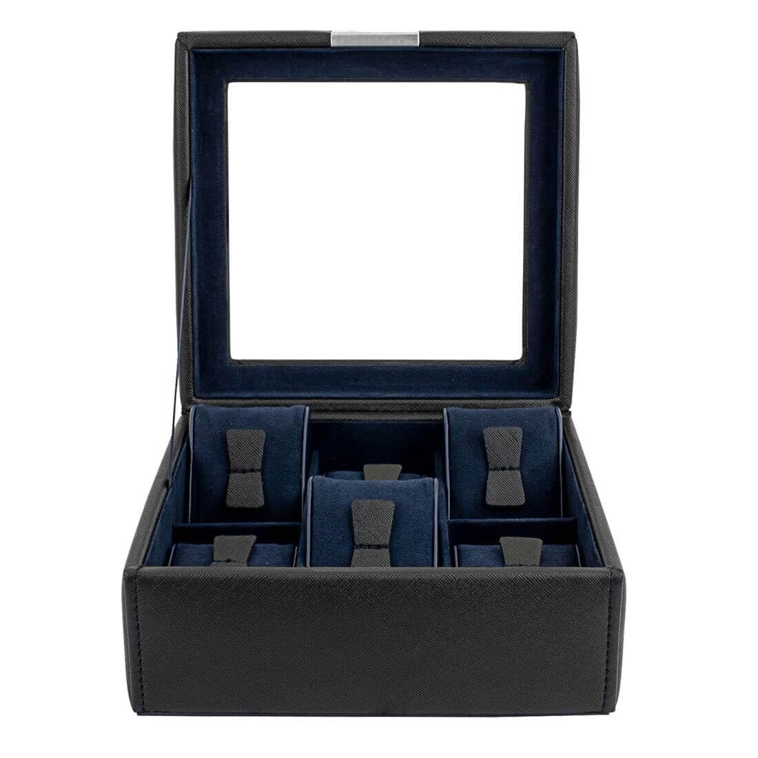 Friedrich23 Uhrenkoffer – Uhrenkasten Cross Grain mit Glasdeckel in schwarz – Platz für 6 Uhren – Feinsynthetik