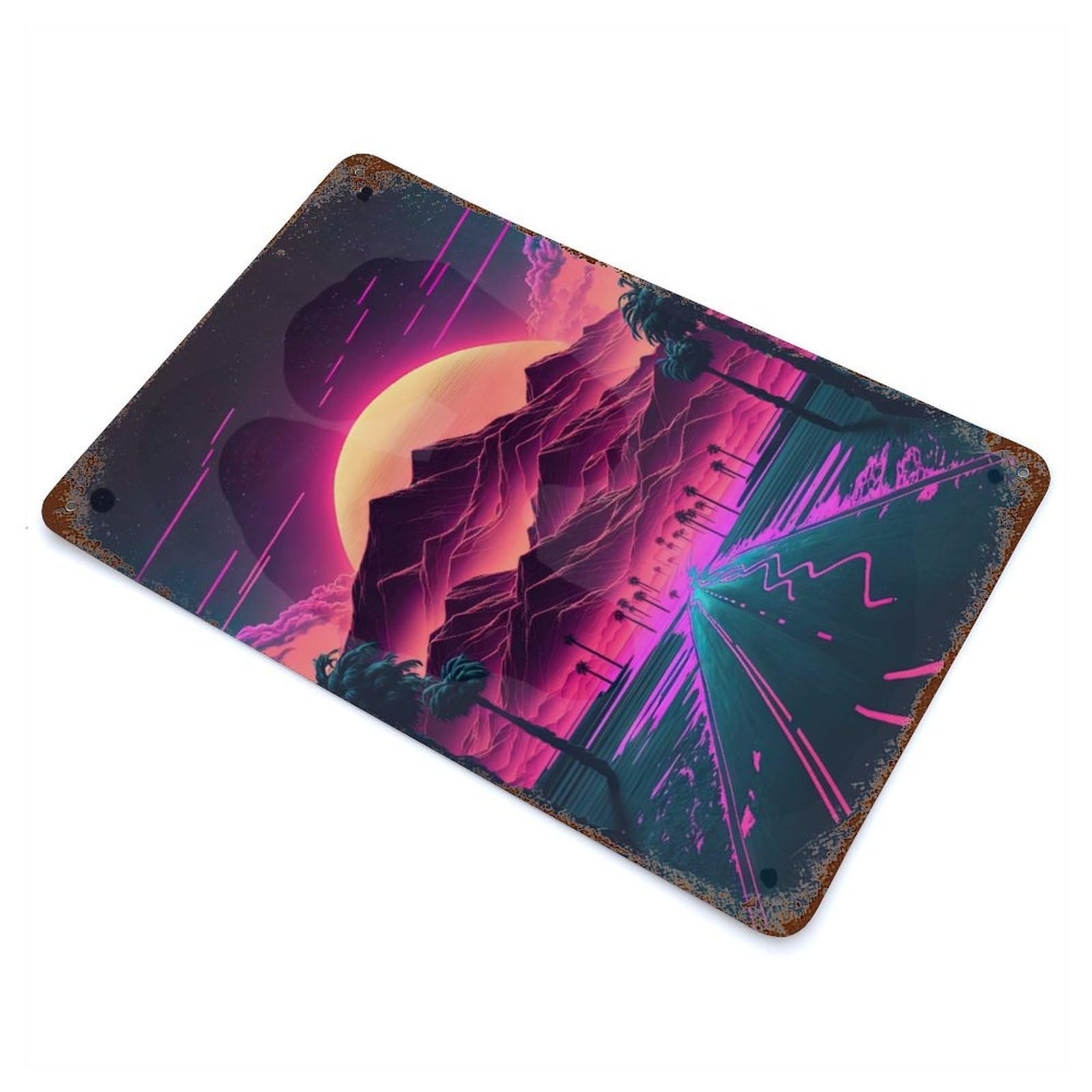 Neon Sunrise Mountains 11.8"x7.9" Aged Metal Wall Plaque, Retro Wall Decor for Farmhouse, Kitchen And Entryway Decor
