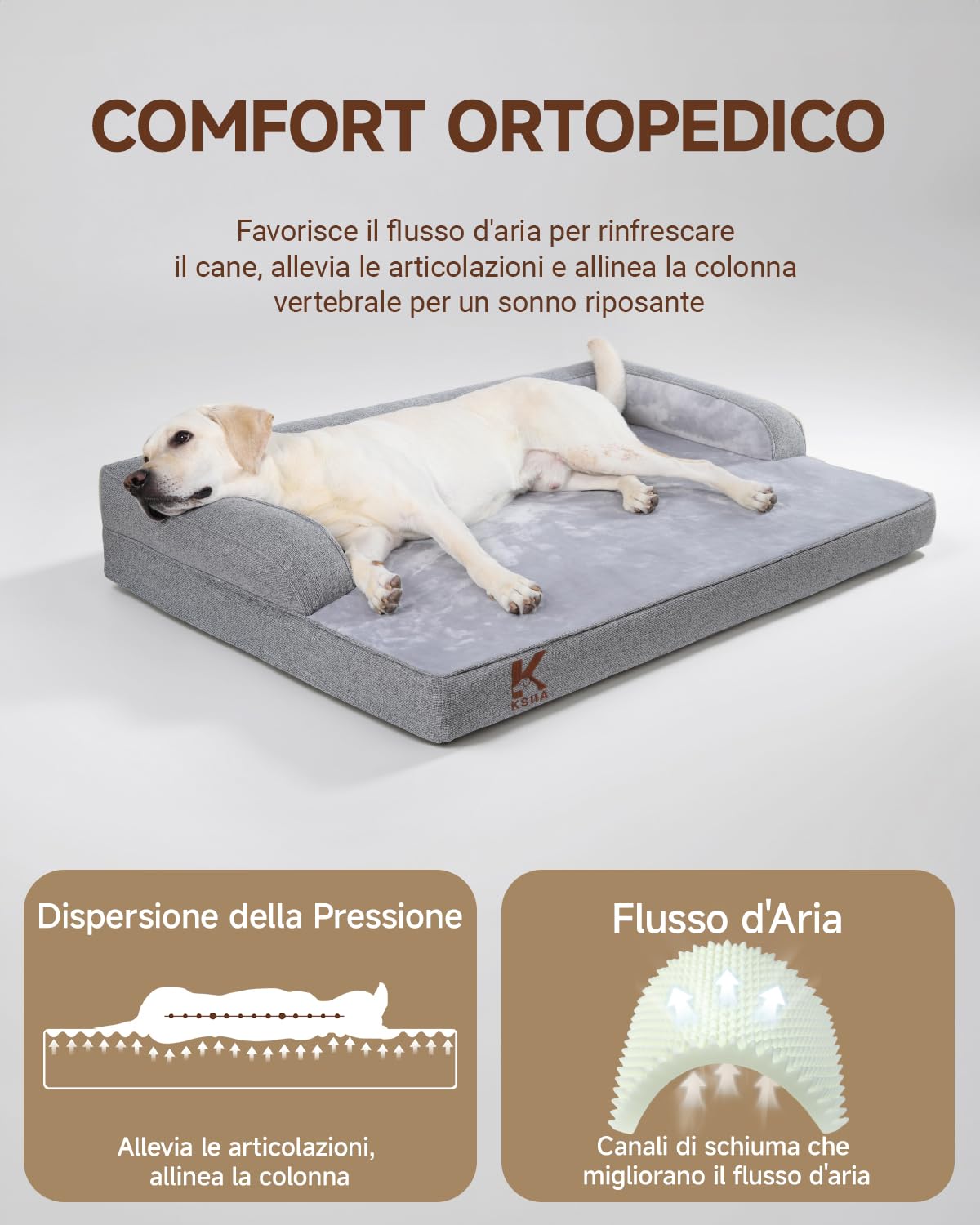 KSIIA Cuccia Cane Interno Cuscino Cane Sfoderabile e Lavabile, Ortopedica e Impermeabile con Base Antiscivolo, Con Cuscino a Forma di U, Grigio, 119x81x19cm
