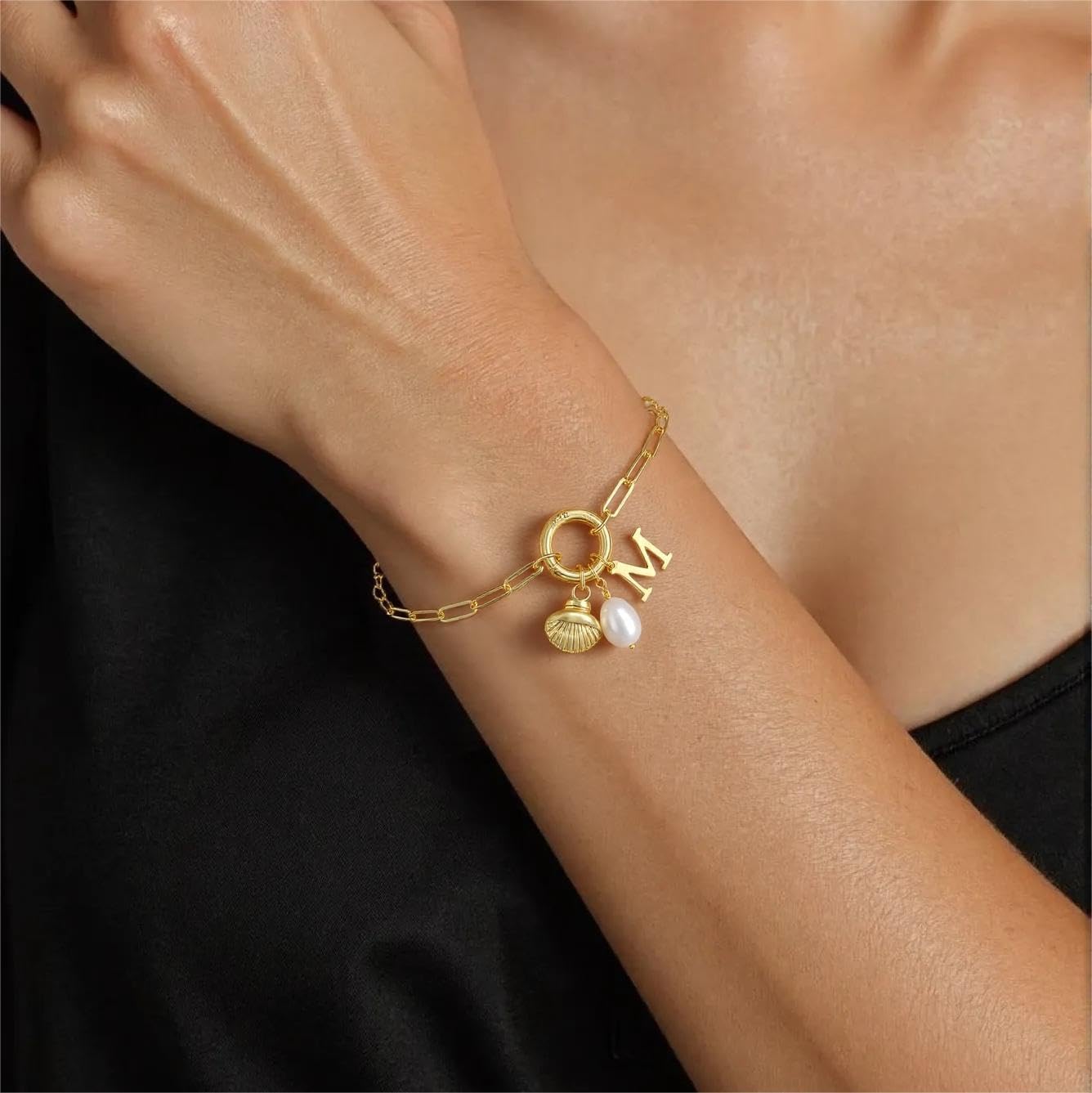 Charm Bracelets for Women - Gold Shell & Pearl Bracelets with Initial & Letter Charms - Image 3