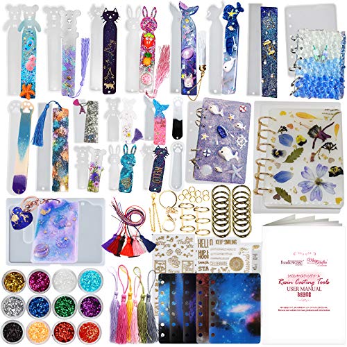 Funshowcase Notebook Covers Bookmarks Card Cover Silicone Resin Molds Epoxy Casting Set 87-kit with Book Rings Tassels Glitters Stickers Film Inlay Keychain