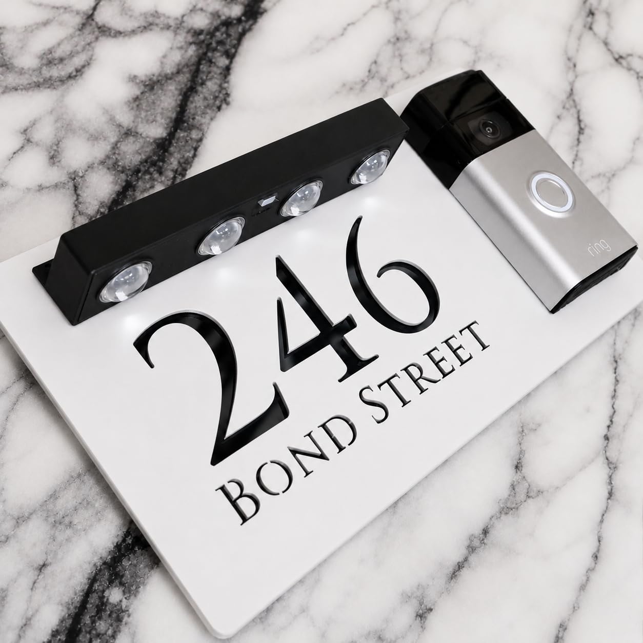 K Smart Sign | Bellissima LED DOORBELL F32 | Classic Personalised House Doorbell Solar LED Signs 3d Door Numbers Street Address Number Plaques | 300mm x 160mm (Matt White & Gloss Black)