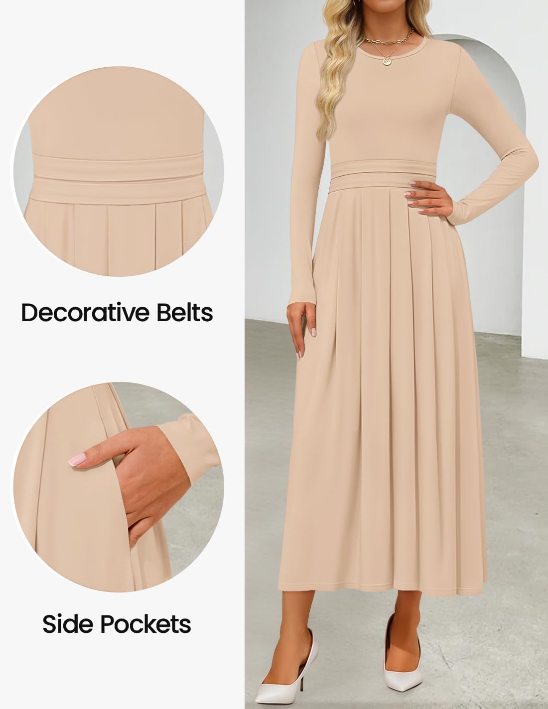 ZESICA Women's Elegant Long Sleeve Maxi Dress 2026 Spring Crewneck Knit High Waist Pleated Flowy A Line Casual Party Dresses - Image 5