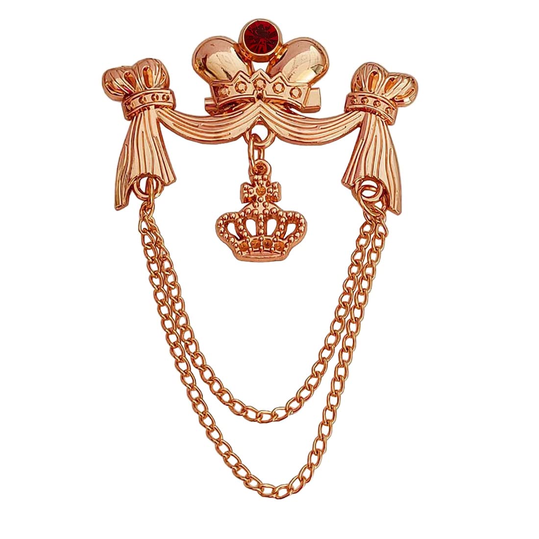 Red Rhinestone King's Crown Tessel Lapel Pin Hanging Double Chain Rose Gold Brass Brooch For Men And Boys-image-41