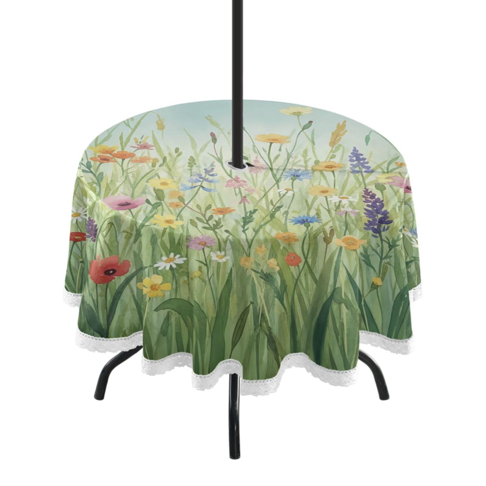 Ttgoth Wildflowers Outdoor Table Cloth 152 cm Water Stain & Resistan Tablecloth Wipeable Table Cover with Parasol Hole & Zipper for Garden Patio Party Picnic