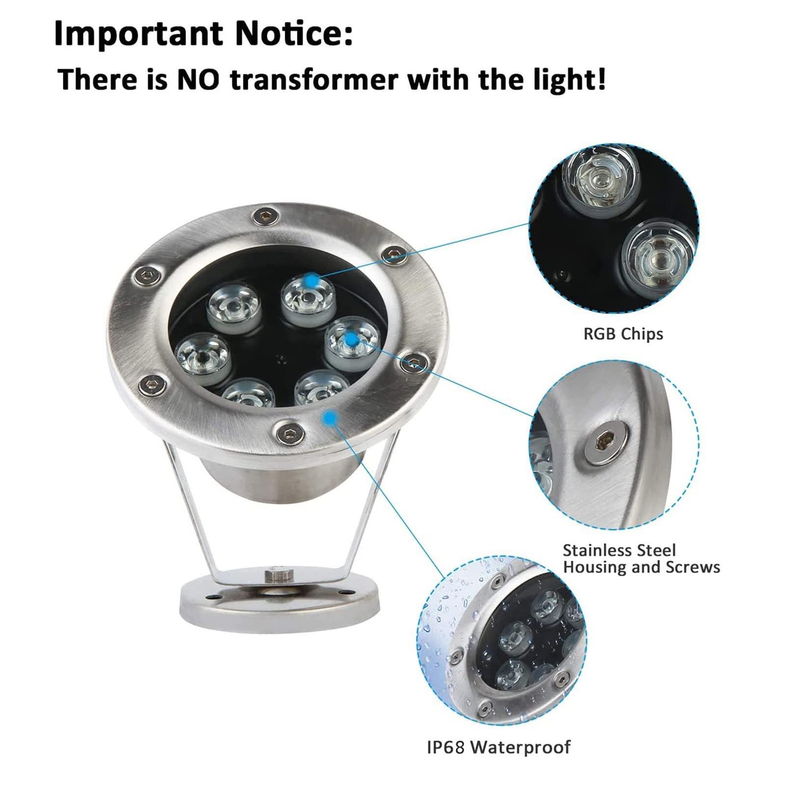 Faretto Subacqueo - 6W Con Telecomando Fari Piscina, LED per piscina, faretto impermeabile IP68, luce che cambia colore RGB, luce per fontana, per piscine, fontane, cascate, acquari ( Color : RGB+remo