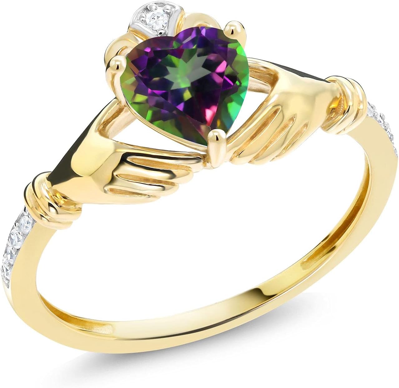 Gem Stone King 10K Yellow Gold 6MM Heart Shape Gemstone Birthstone and White Diamond Irish Celtic Claddagh Engagement Ring | Gold Ring For Women | Sizes 5 to 9