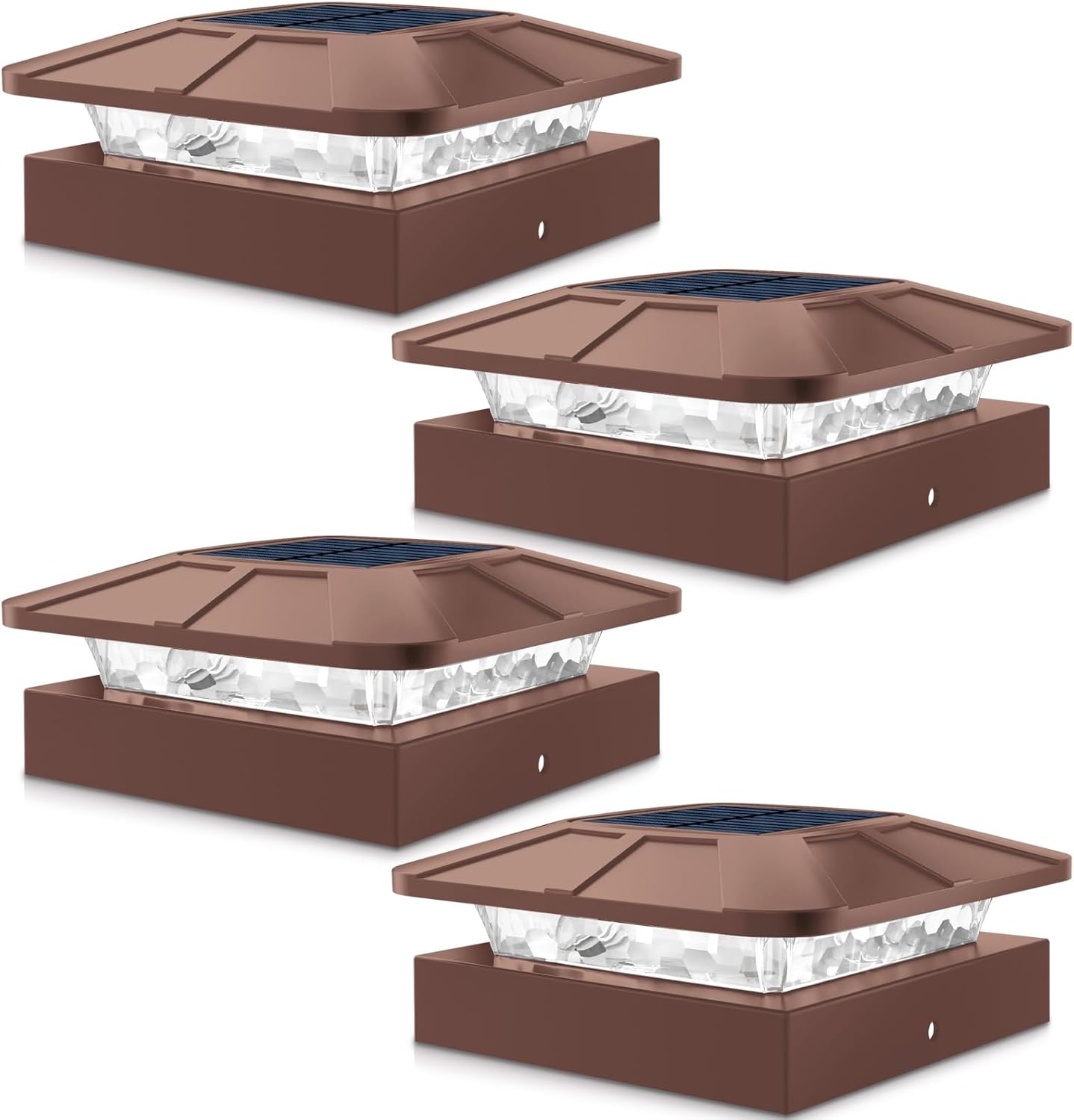 Peasur 4x4in Solar Post Cap Lights Outdoor with 3 Modes, 4 Packs Brown Fence Light Solar Powered Waterproof for Wood/Vinyl Posts for Deck Yard Garden Patio Outside