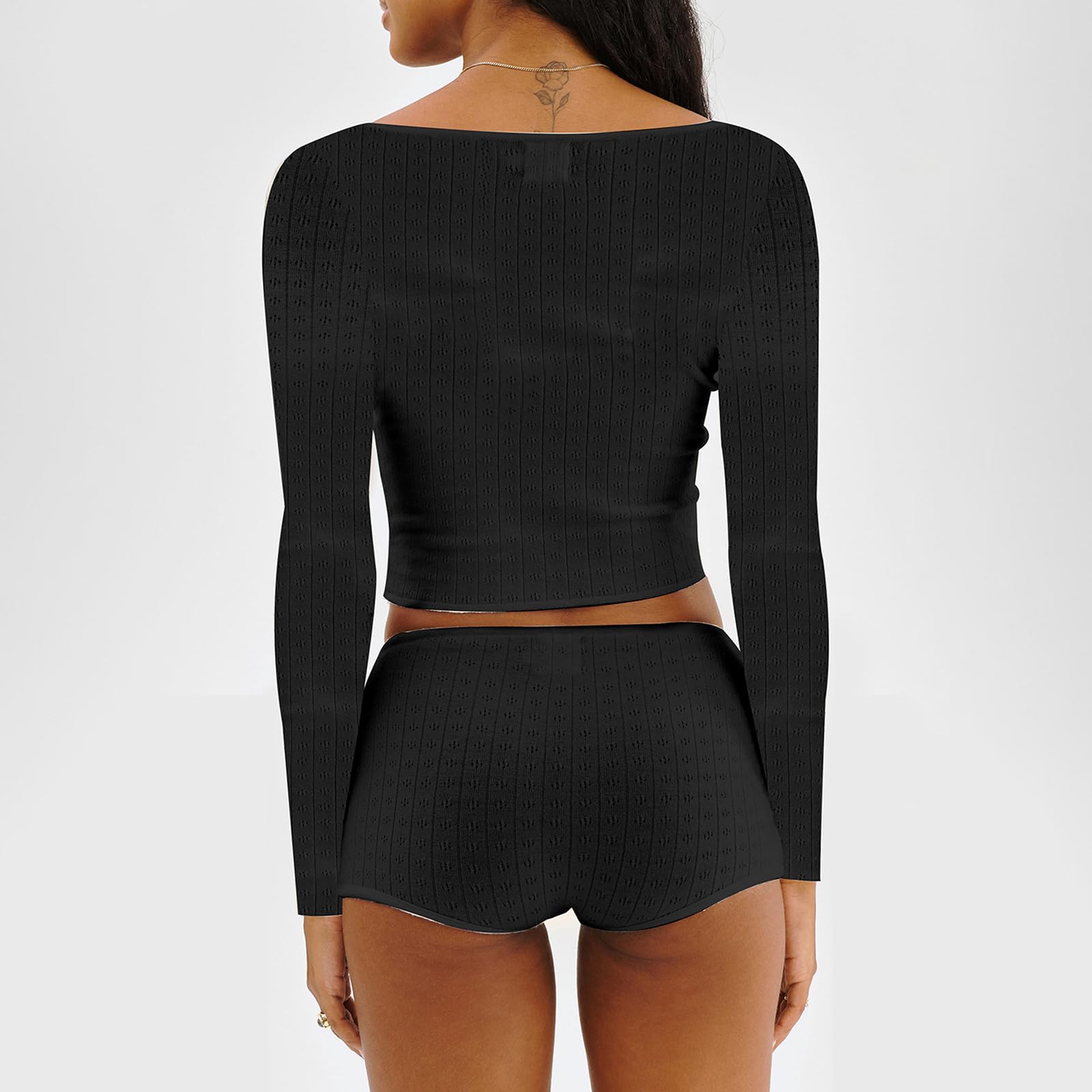 Multitrust Women Two Piece Lounge Set Long Sleeve Crop Tops and High Waist Shorts Ribbed Matching Pajamas Sets Loungewear: Medium Z Black