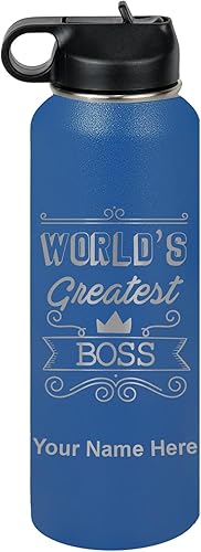Miniatura 22 de LaserGram Botella de agua personalizada, World's Greatest Boss, acero inoxidable de doble pared aislada al vacío con popote superior, regalo grabado