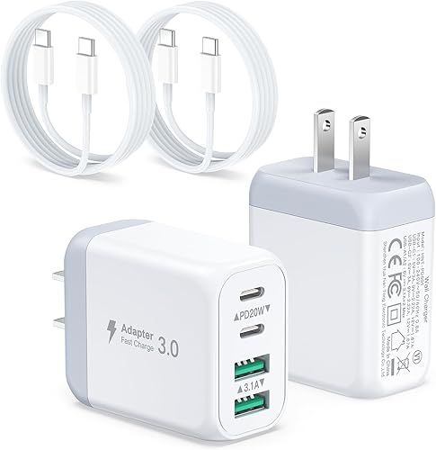 Bloque de cargador USB C, paquete de 2 cargadores de pared USB C de 40 W de 4 puertos con cable USB C a C de 6 pies, adaptador de corriente dual