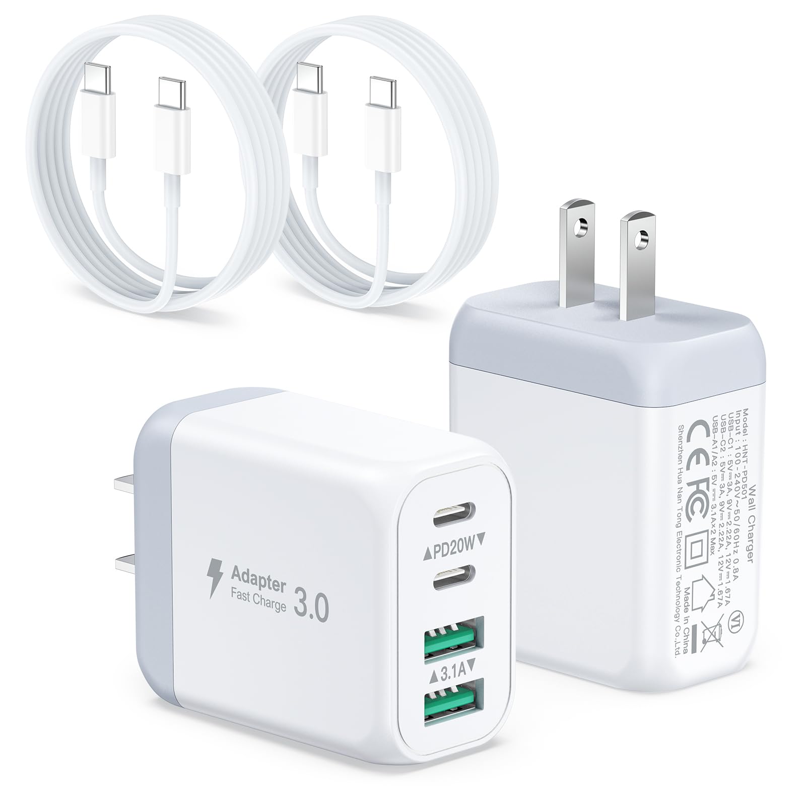 40W USB C Charger Block, 2Pack 4-Port USB C Wall Charger,Type C Fast Phone Charging Cube with 6FT USBC to USBC Cable,Multiport Wall Plug Power Brick