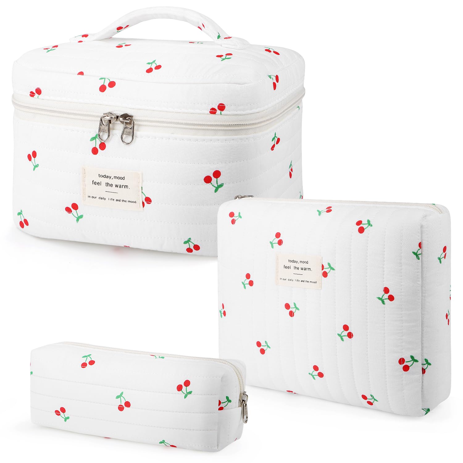 Givurao Bolsa de maquillaje acolchada de viaje grande para mujer, bolsa de cosméticos de algodón floral, bolsa organizadora de artículos de tocador estéticos florales, Cereza dulce, grande, 3 unidades
