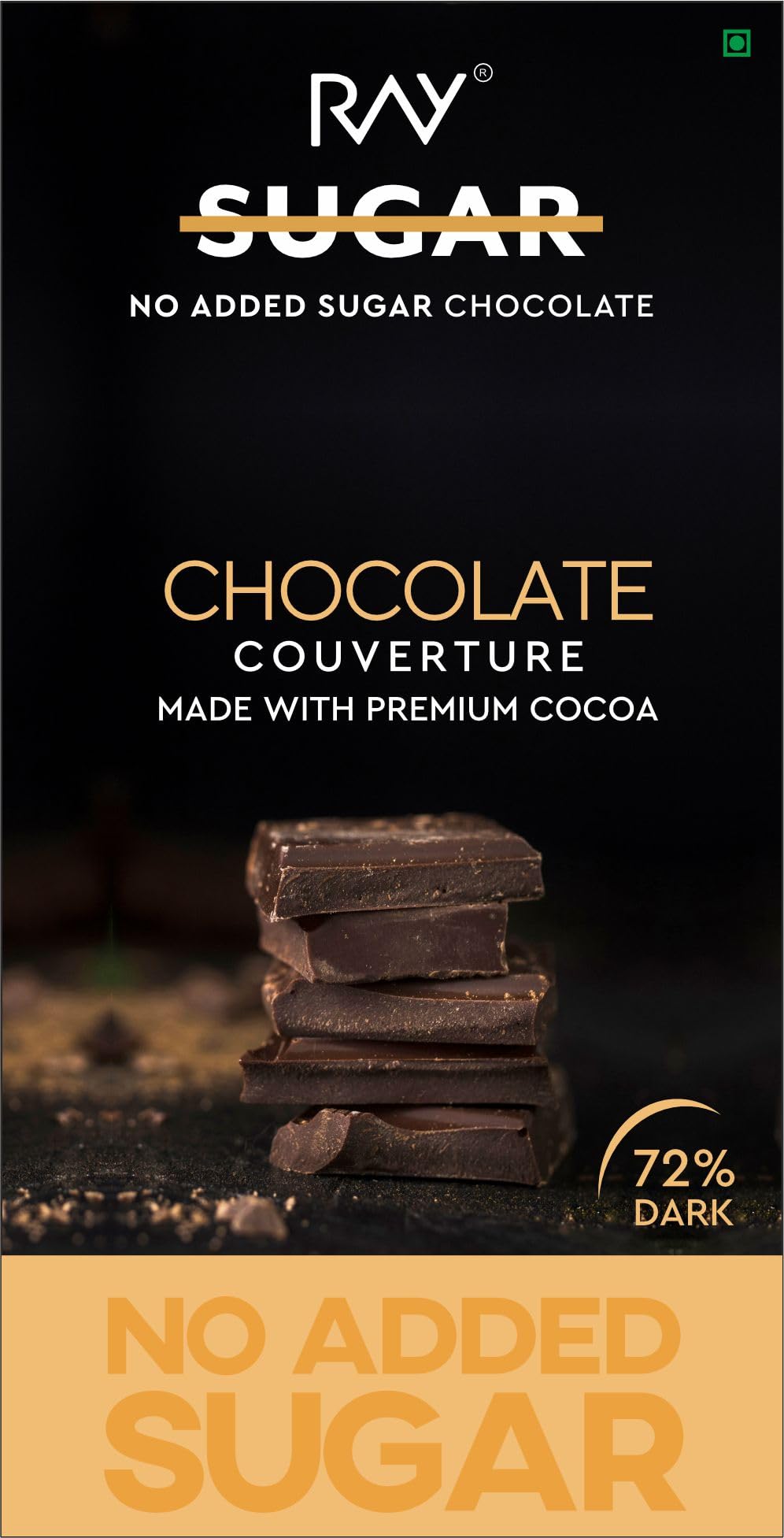 RAY NO SUGAR 72% DARK COUVERTURE CHOCOLATE, 80 Grams