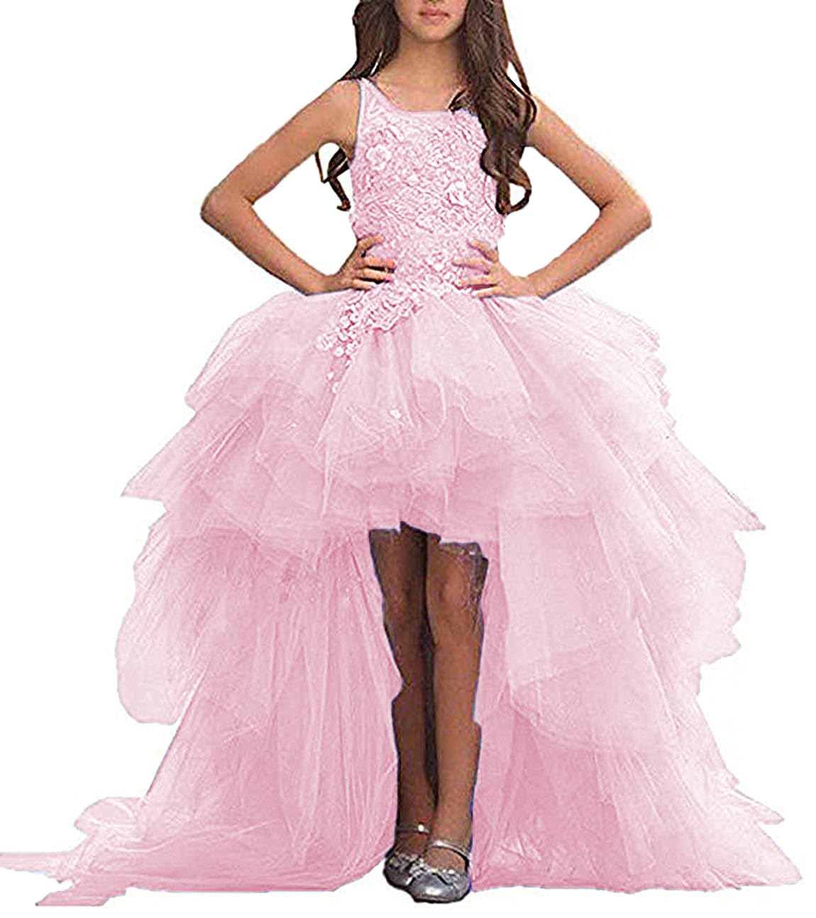 Uzqast High Low Flower Girls Dresses Appliques Tulle Communion Party Princess Wedding Pageant Ball Gown Dress