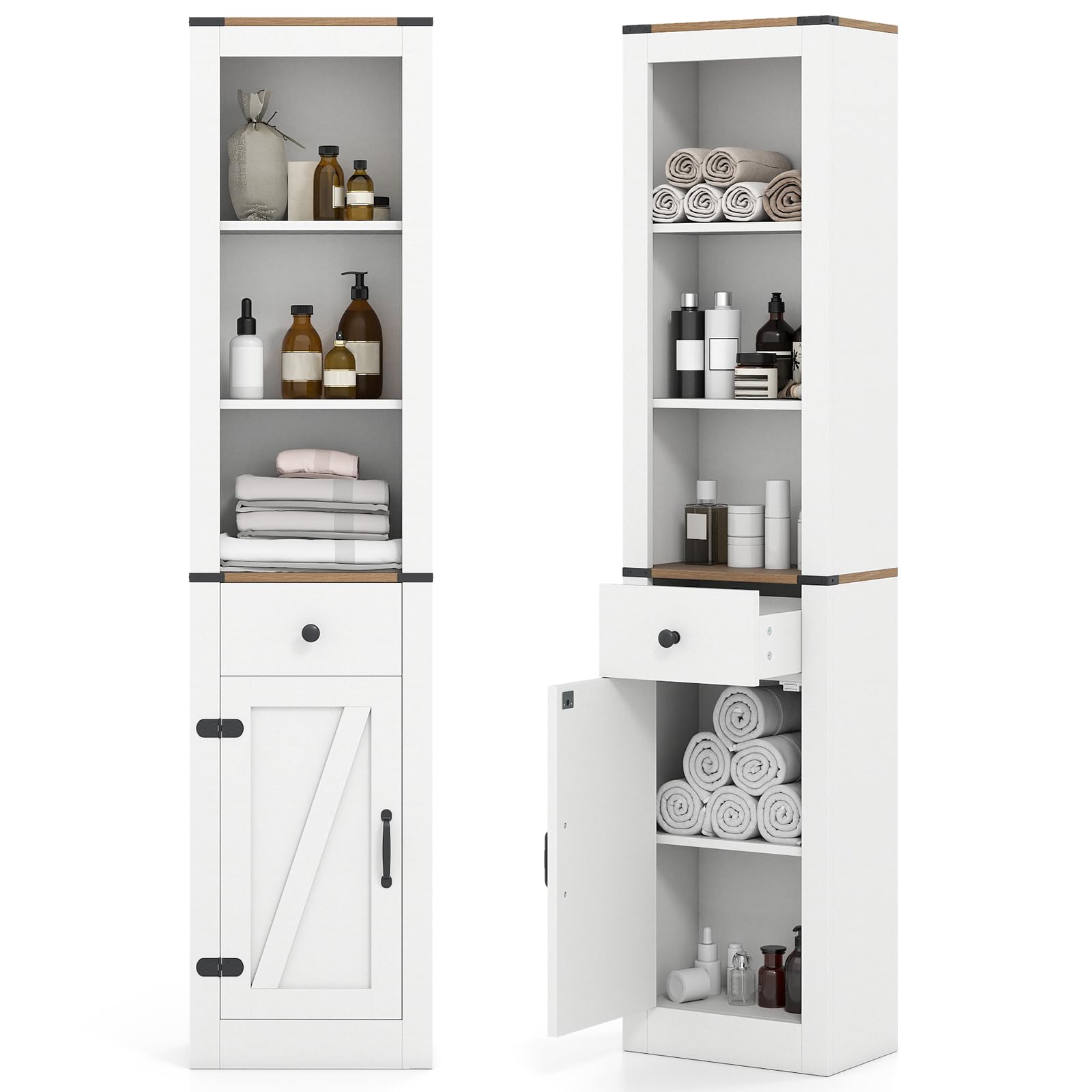GIANTEX Armario Alto de Baño de 173 cm, Mueble Columna con 3 Estantes, Cajón y Armario Inferior, Estante Ajustable, 40 x 24 x 173 cm, Mueble Organizador para Cocina, Salón