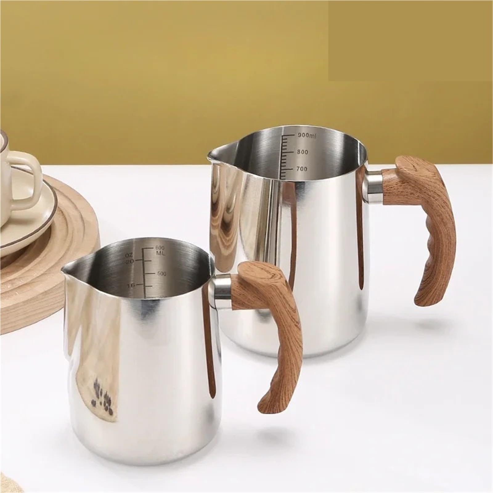 Jarras de espuma de leche, jarra de espuma de café de acero inoxidable para latte, capacidad de 600/900 ml, ideal para baristas y uso doméstico, duradera y fácil de limpiar