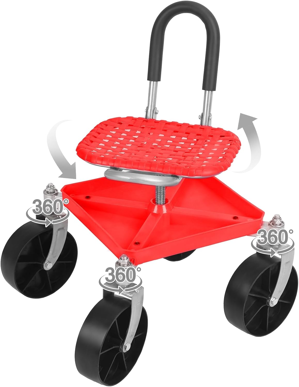 Garden Cart with Seat and Wheels, Rolling Work Seat Stool for Gardening, Heavy Duty Portable Caddy for Planting, Adjustable Height Outdoor Stool for-Seniors Red
