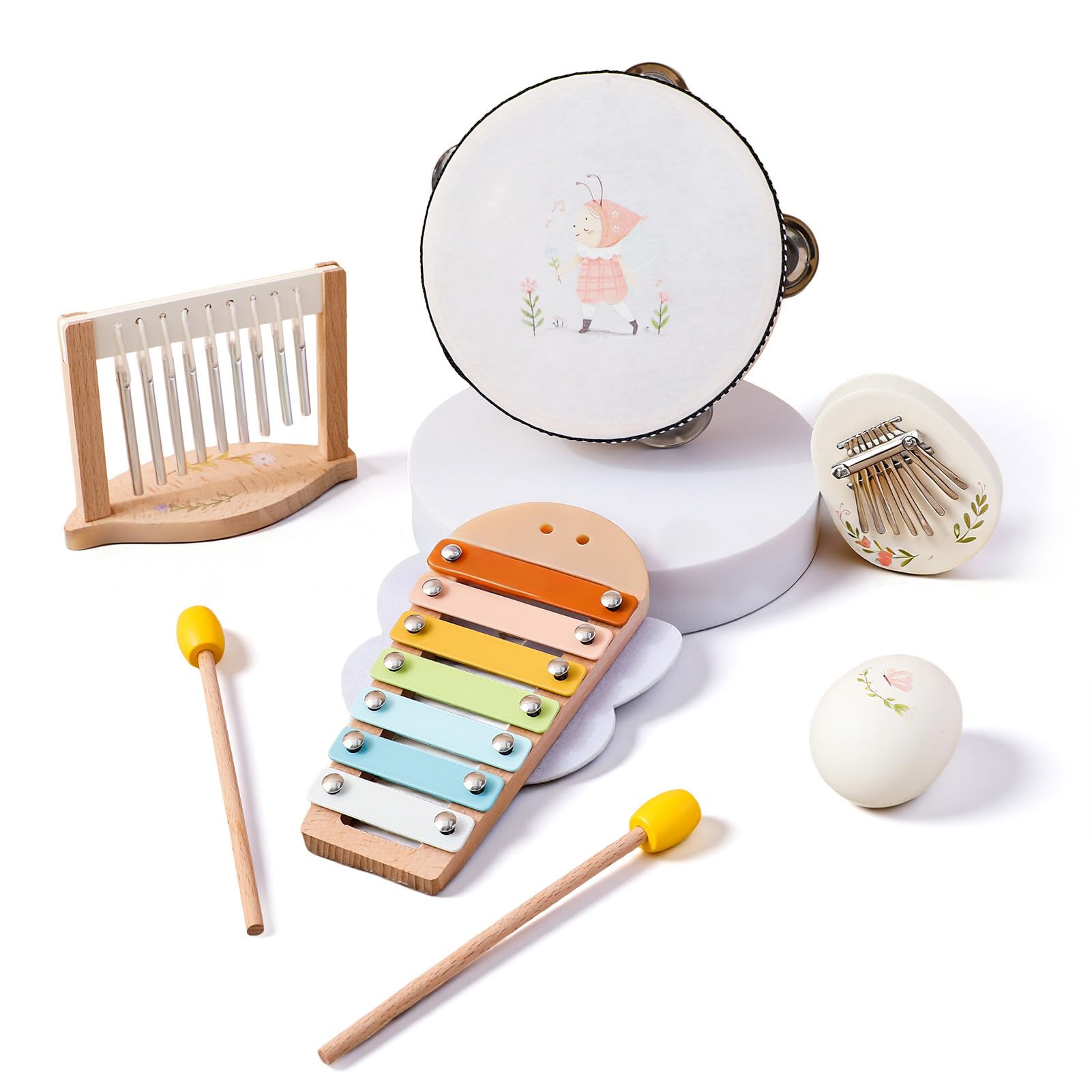 Eujgoov Set di Giocattoli a Percussione in Legno, Strumenti Musicali in Legno Naturale per Bambini con Xilofono e Tamburello, Perfetti per attività di Apprendimento in età Prescolare
