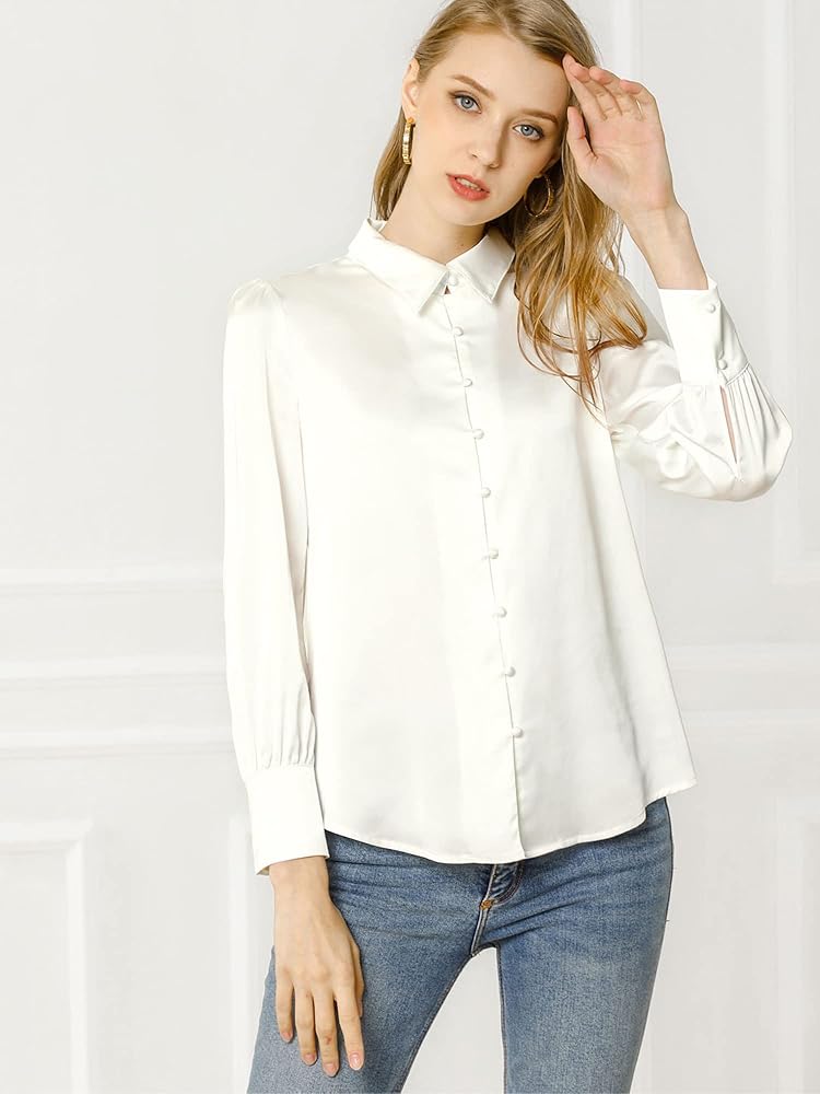 Allegra K Women's Satin Blouse Dressy Elegant Puff Sleeve Point