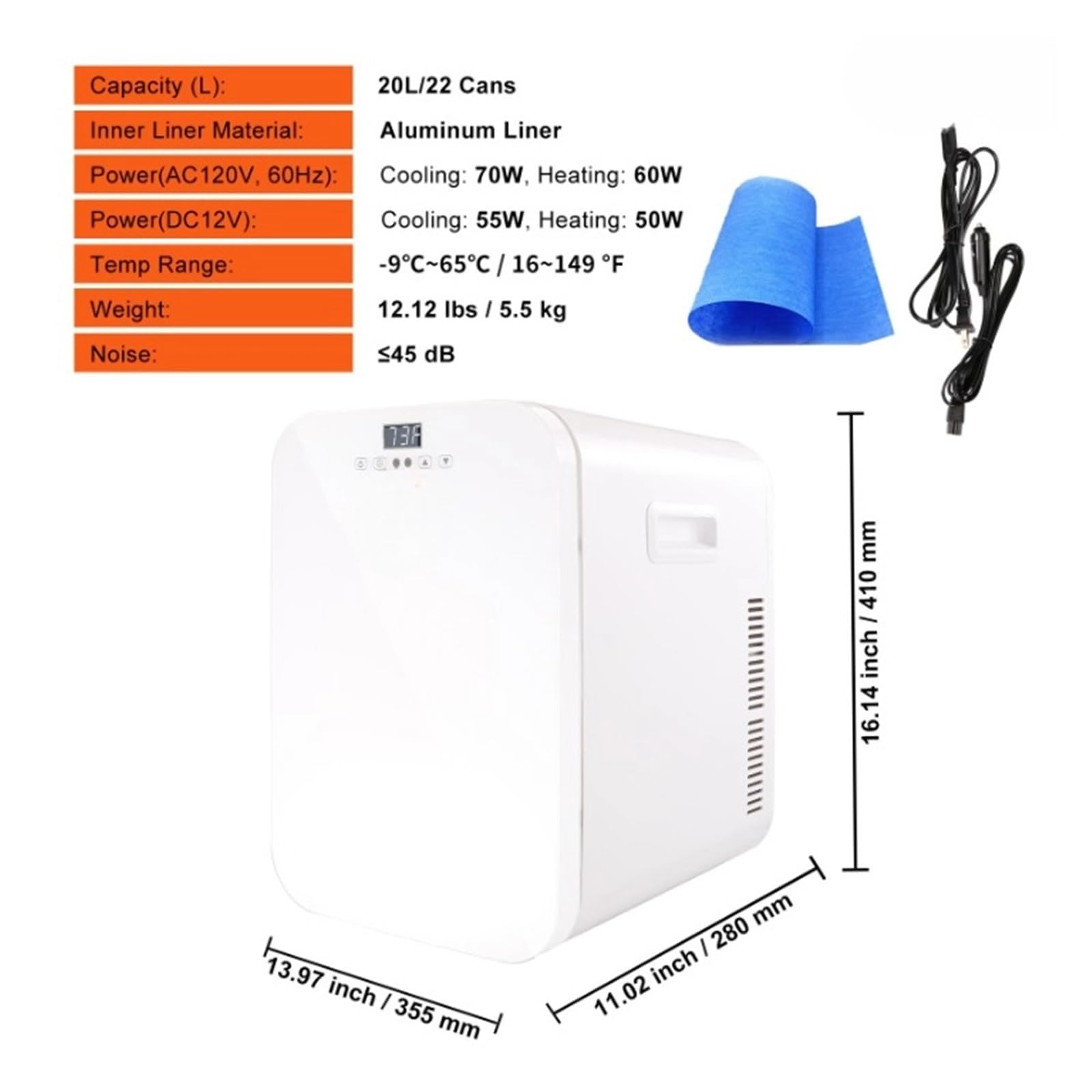 Refrigerador portátil for Coche de 20 litros, 12 V CC, mininevera con compresor, Ideal for caravanas, Camping, Viajes o for congeladores de cosméticos.(White)