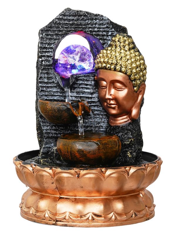 Image of Golden Brown Polyresin Tabletop Side Face Buddha Indoor Water Fountain for Home Decor with Multi LED, Speed Control Pump and Crystal Ball (Size: 20 x 22 x 29 CM | Weight: 1120 Gram)