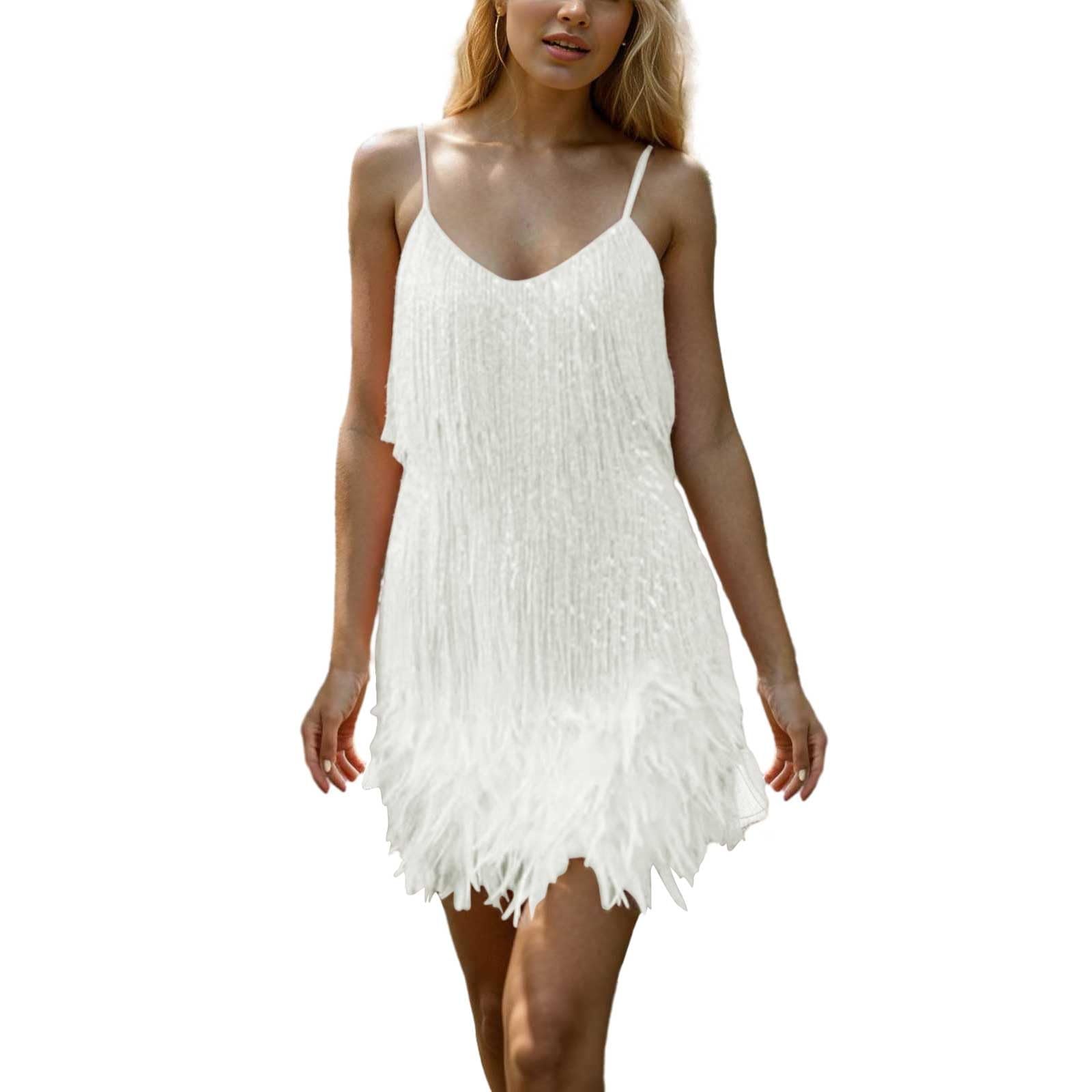 Robe sans manches en plumes à sequins à franges de couleur unie pour femmes Robe de Femme Robe Sequins Paillettes Couleur Unie sans Manches Bretelles Spaghetti Robe a Frange Deguisement Carnaval