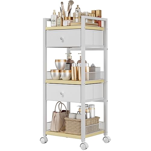 Flycity Makeup Organizer Cart with Drawers, 5 Tier Rolling Makeup Cart, Floor Skincare Organizers, Vanity Organizer Storage with Wheels Cosmetic Display Cases for Skin Care Perfume Nail Polish, White