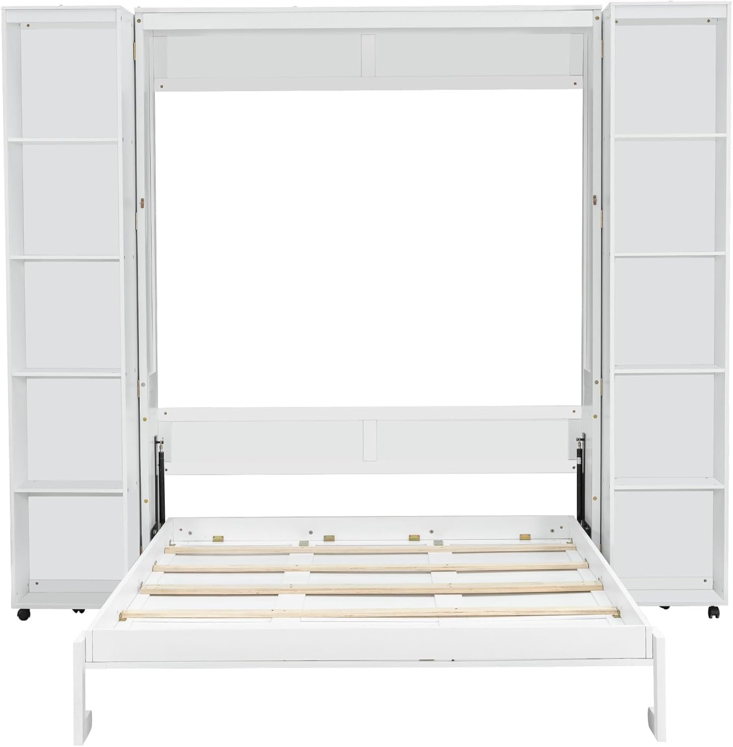 MERITLINE Queen Murphy Bed Cabinet with Storage Bookshelf Bookcase, Wood Hidden Foldable White Murphy Wall Bed with Storage Shelves for Adults