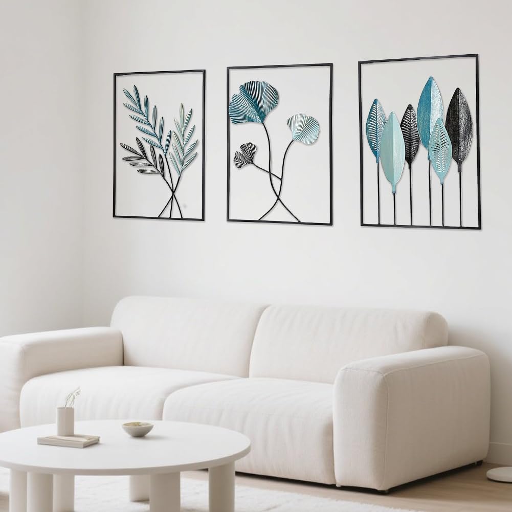 Zinueen 3 pezzi decorazione da parete in metallo, nero, minimalista, foglia, decorazione per la casa, il soggiorno, la camera da letto (Nero)