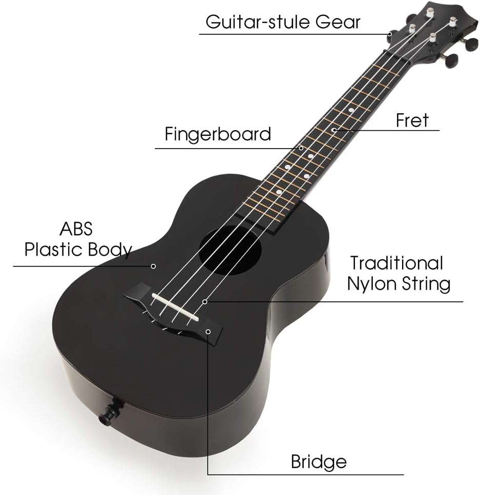 FUYXAN Concert Ukulele with Accessories Nylon Strings Strap, 23 Inch Black Ukulele for Students Beginners Kids, Hawaiian Guitar Starter Uke Musical Instrument for Gift