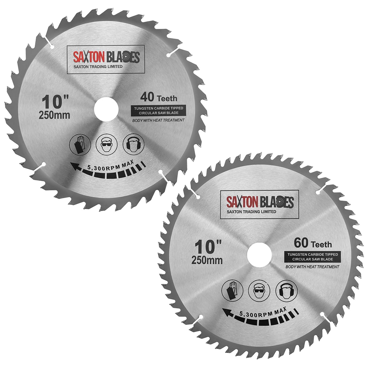 2 x Saxton TCT Circular Wood Saw Blade 250mm x 30mm 40 & 60T for Bosch, Makita etc fits 255mm saws
