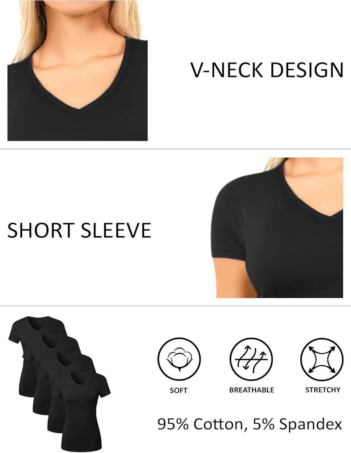 Cotton V Neck T Shirts for Women Short Sleeve Tshirt Basic Tees Vneck Tshirts Womens Tops Undershirt Multipack - Image 3