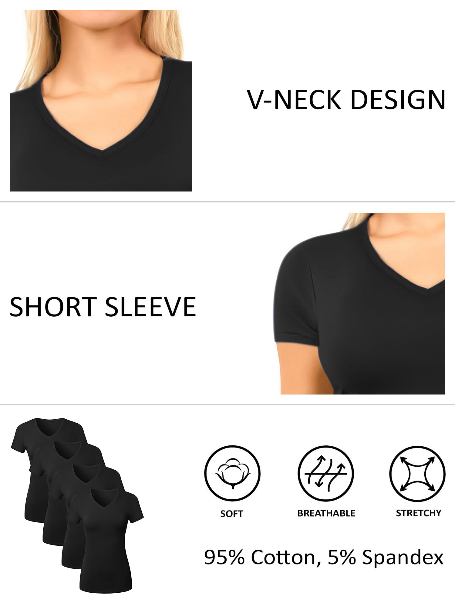 Camisetas de algodón con cuello en V para mujer, camiseta de manga corta, camisetas básicas con cuello en V, camisetas interiores para mujer, paquete múltiple, Paquete de 4 - 4 negro, 1X