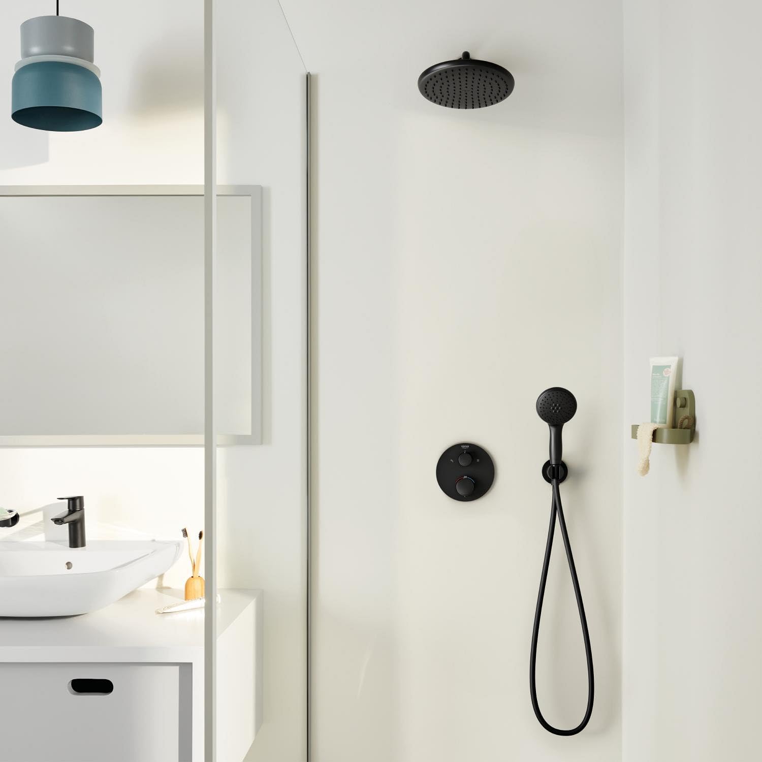 GROHE Precision Thermostatique Rond Ensemble de Douche Encastré Vitalio Start avec Douche de Tête 25cm, Douchette 11cm 2 jets, Support Mural et Flexible 1.5m, Economie d'Eau, Noir Mat, 348832430