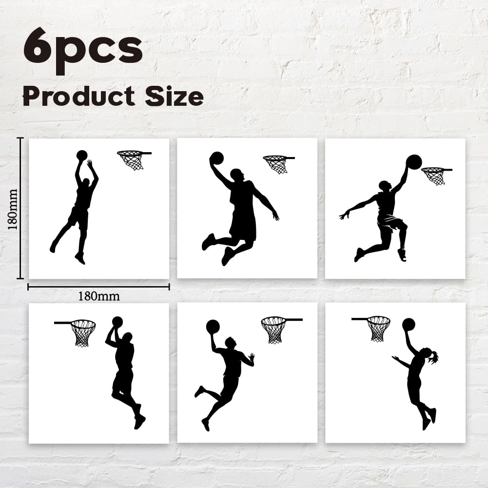 AHANDMAKER Lot de 6 autocollants pour interrupteur avec silhouette de joueur de basket-ball - Autocollant mural « Jouer au basket-ball » - Autocollant mural pour interrupteur