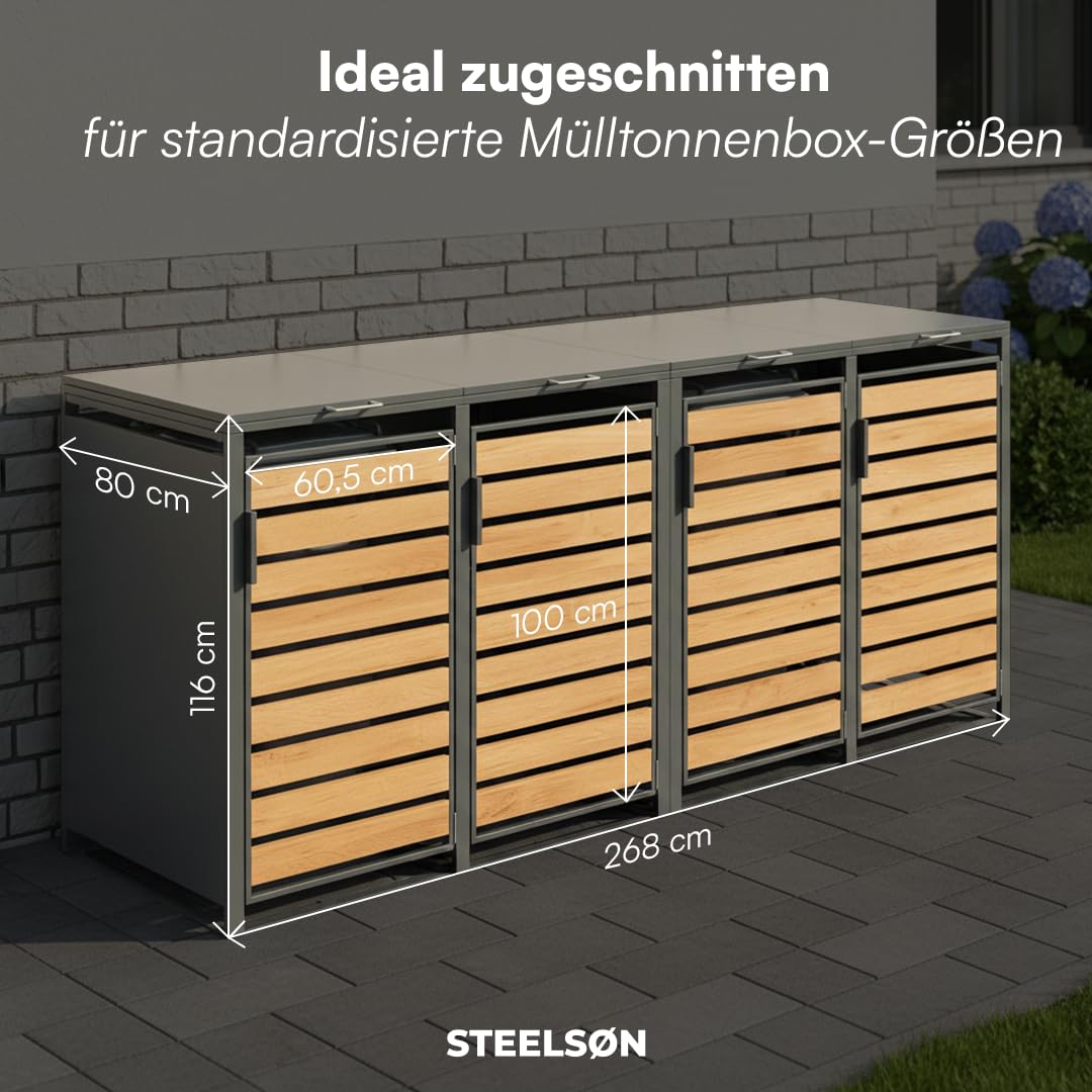 STEELSØN Kestra Mülltonnenbox 4er bis 240L – Mülltonnenverkleidung aus Stahl mit Sichtstreifen in Holzoptik – hochwertige Müllcontainer für 4 Tonnen – Müllbox in Anthrazit – Gerätebox wetterfest