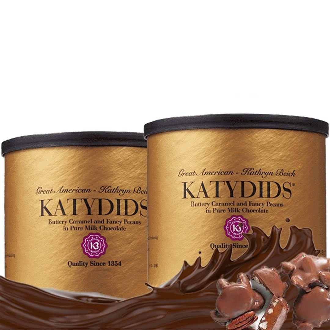 Katydids Turtles Candy 8 oz Each (2 Tins) - Kathryn Beich Original Milk Chocolate Caramel Pecan Clusters - Chocolate Turtles Pecan Candy in Famous Gold Tin - Great Gift, Party Snack & Fundraiser Treat