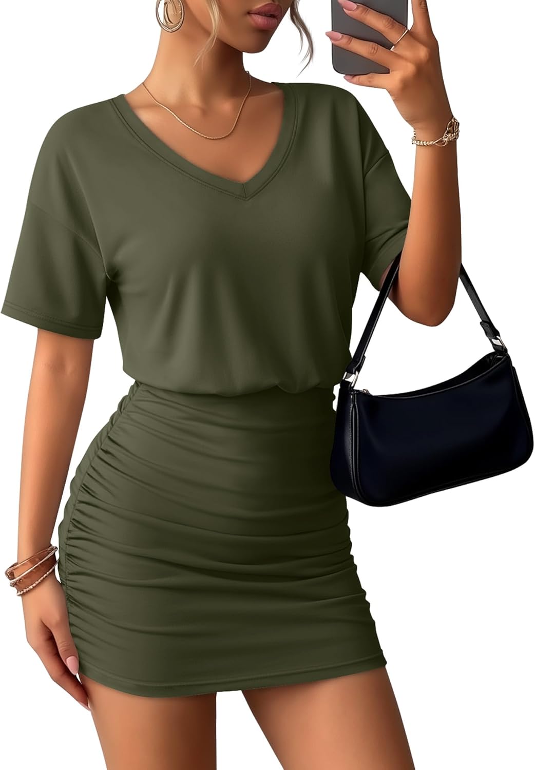 Women's Short Sleeve Ruched Bodycon Dress Casual V Neck Summer Cute Fitted Mini Dress