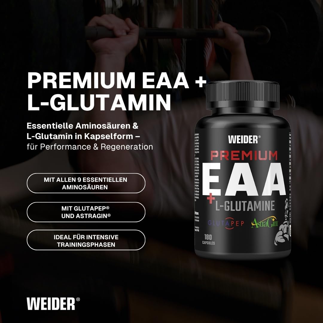 Weider Premium EAA + L-Glutamine Caps, 180 Kapseln | Alle 9 Essentiellen Aminosäuren, Mit L-Glutamin, Glutapep Peptiden & AstraGin, Pre Workout