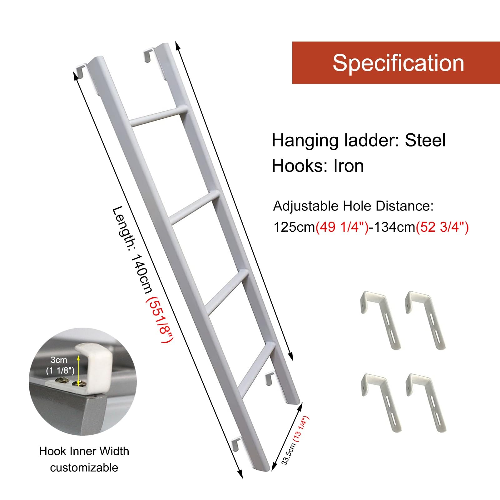 Escalera Blanca para litera, de 4 o 5 peldaños, Ideal para áticos de Apartamentos, Ahorra Espacio y Cuenta con Ganchos, Capacidad de Carga de 200 kg (tamaño: 140 cm [55 Pulgadas])