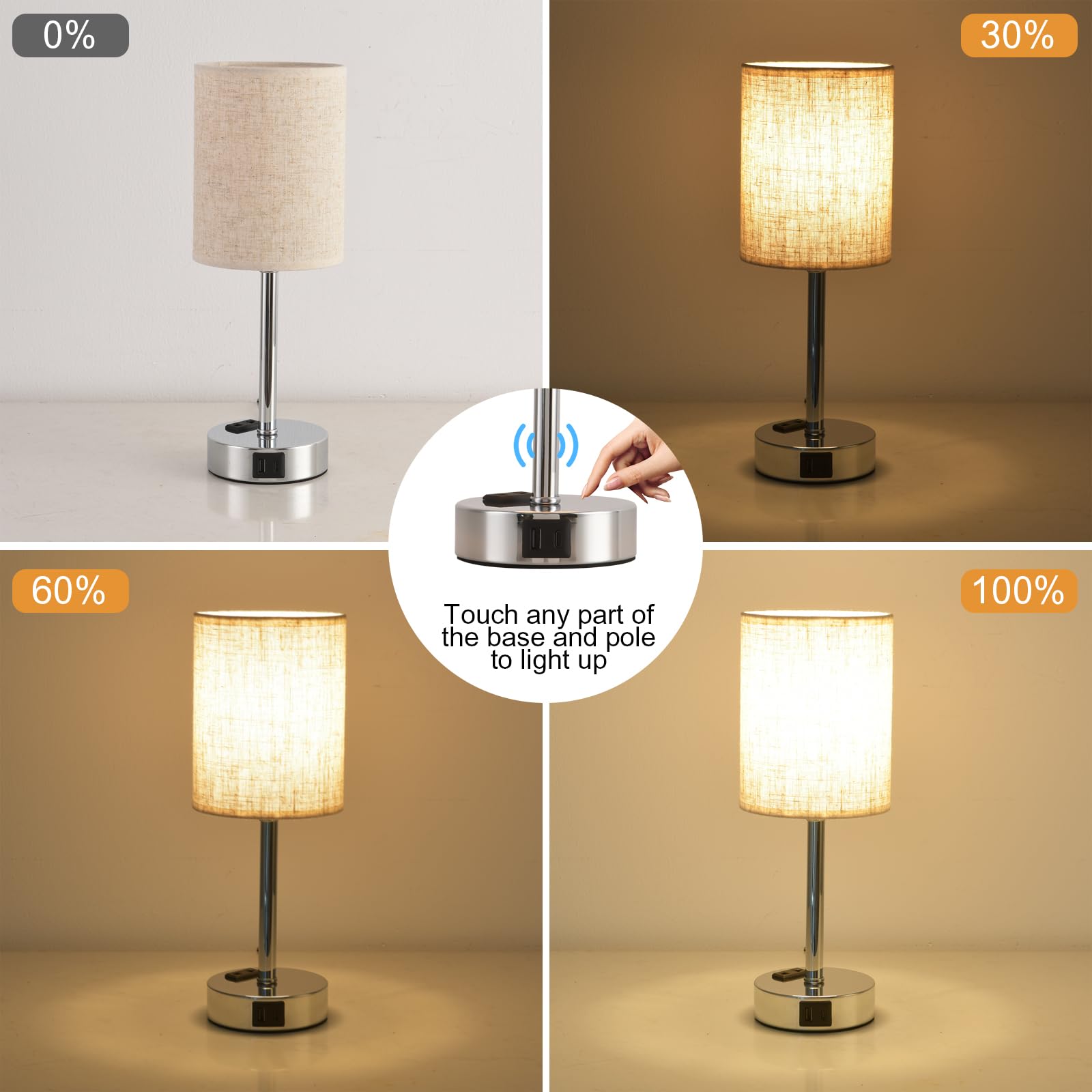 Touch Dimmable Bedside Lamp, Table Lamp with USB A+C Charging Port, Linen Lampshade, Metal Base, Bedroom, Office, Living Room - Image 3