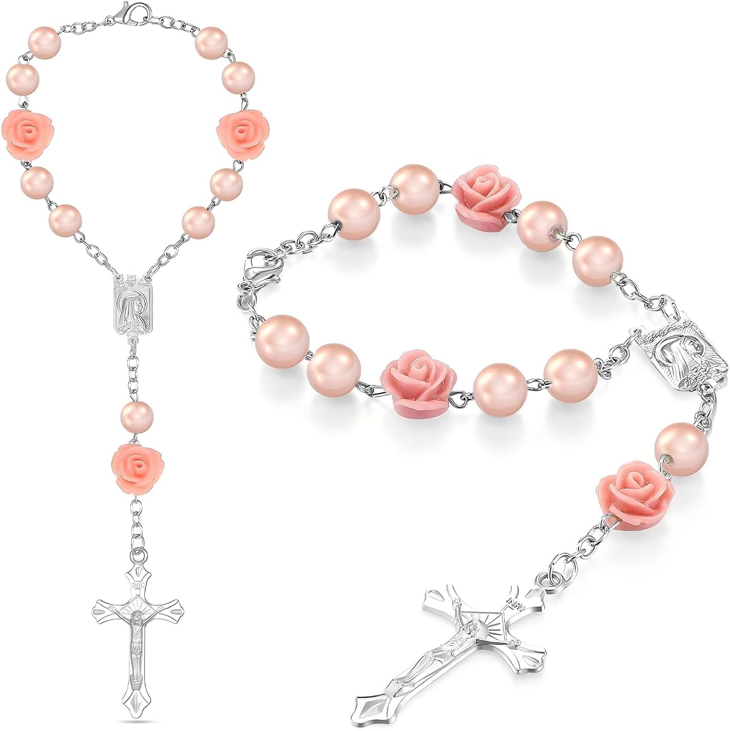 2PCS Car Rose Rosary for Rearview Mirror, Personalized Blessing Rear View Mirror Hanging Decors, Car Rose Cross Pendant, Auto Interior Hanging Accessories (Pink)
