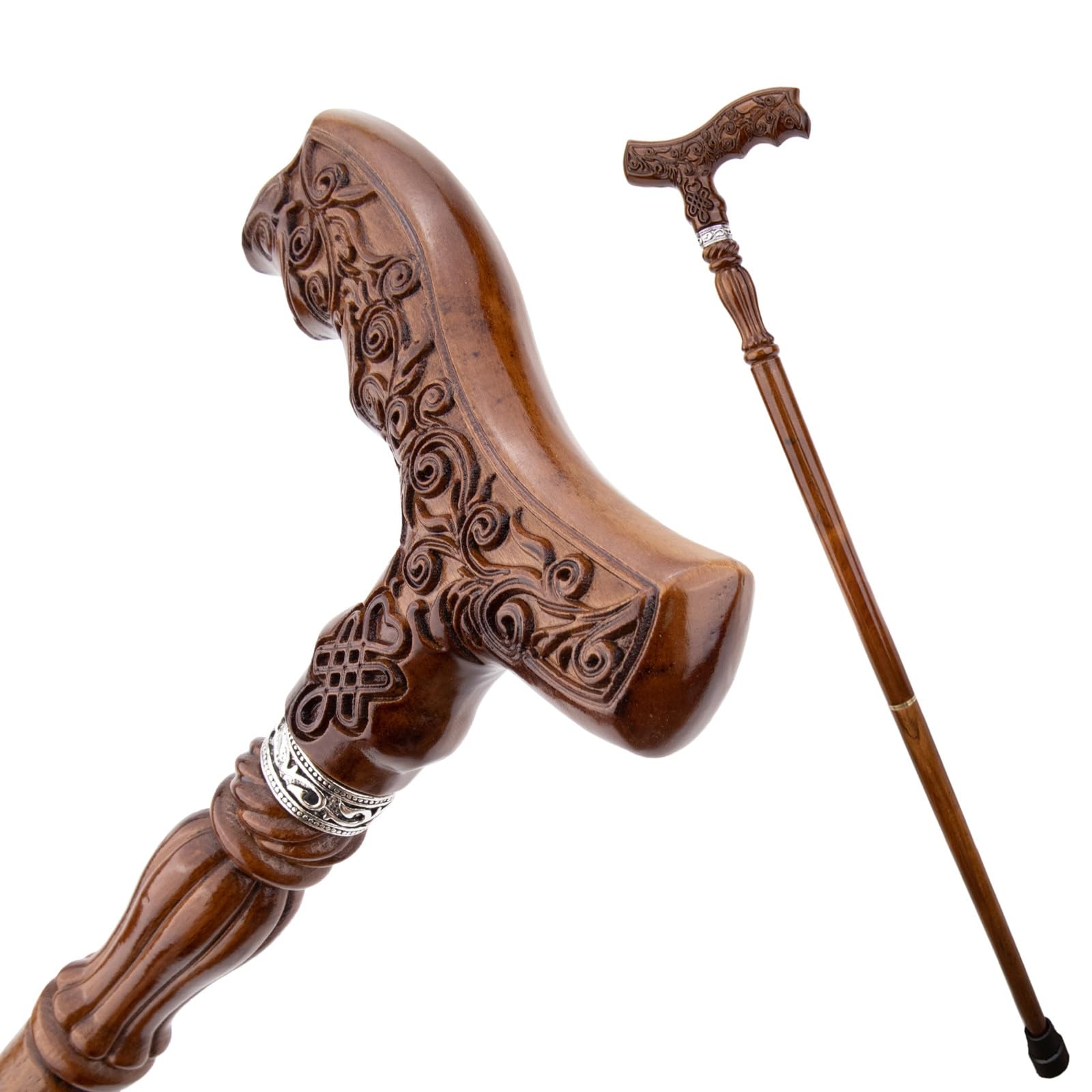 Canne de randonnée Ergonomique en Bois Brun avec nœud Chinois et Embout en Caoutchouc, en Deux Parties (93 cm), idéale pour Les Seniors.