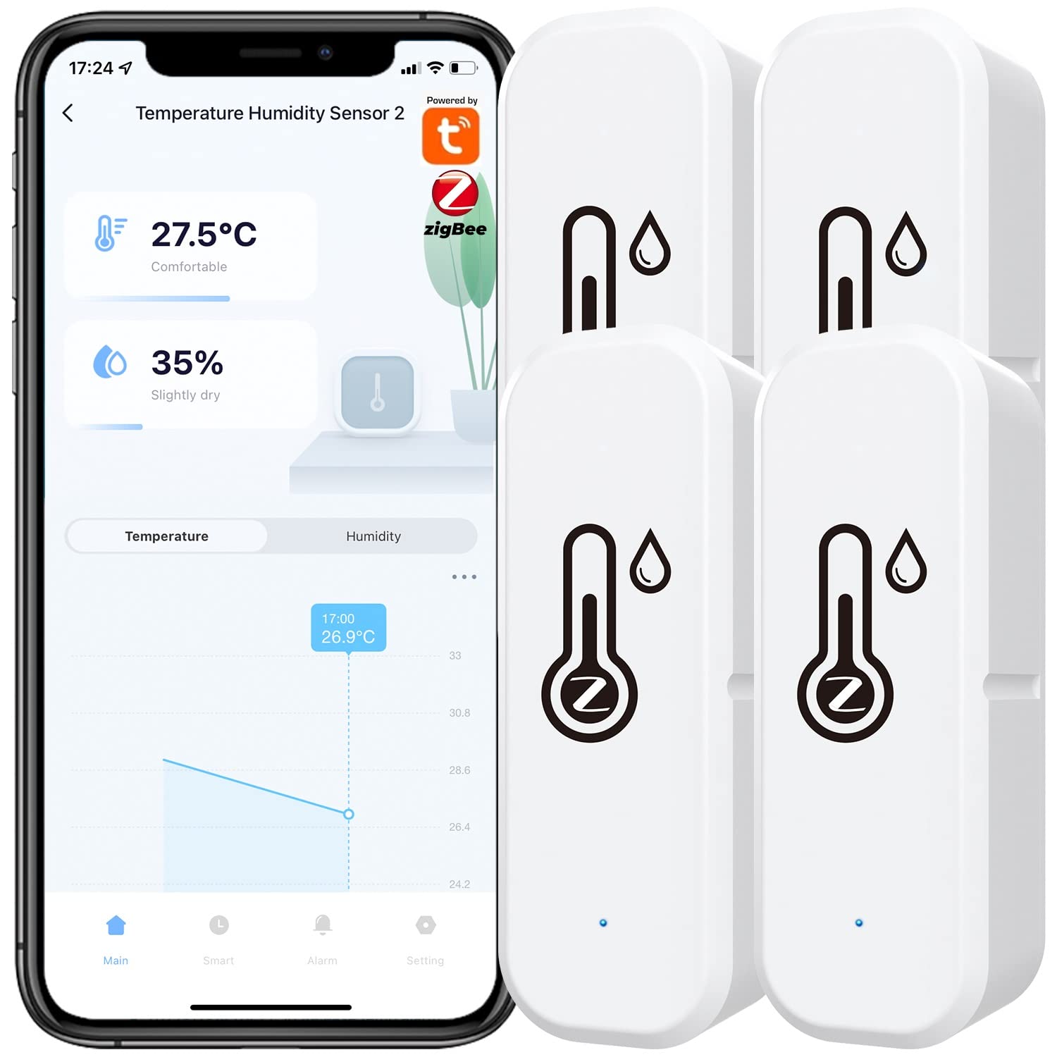 4x Sensor Termómetro Higrómetro Tuya Zigbee, con Grabación de Aplicación, Recordatorio de Batería Baja, Sensor de Termómetro Inteligente Funciona con Alexa, Tuya y Smart Life, para el Hogar, Bodega