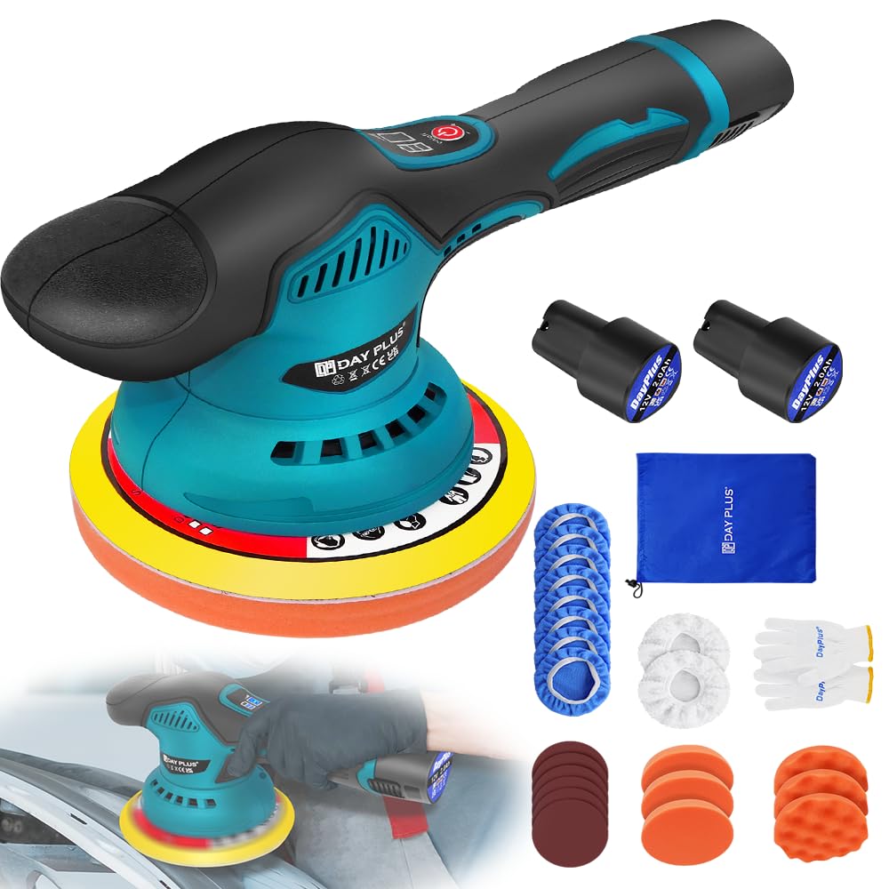 Polisseuse sans fil, polisseuse excentrique, 22 pièces, batterie de 2000 mAh et chargeur, tampon de polissage de 125 mm pour enlever la peinture et le mortier, 6 vitesses variables