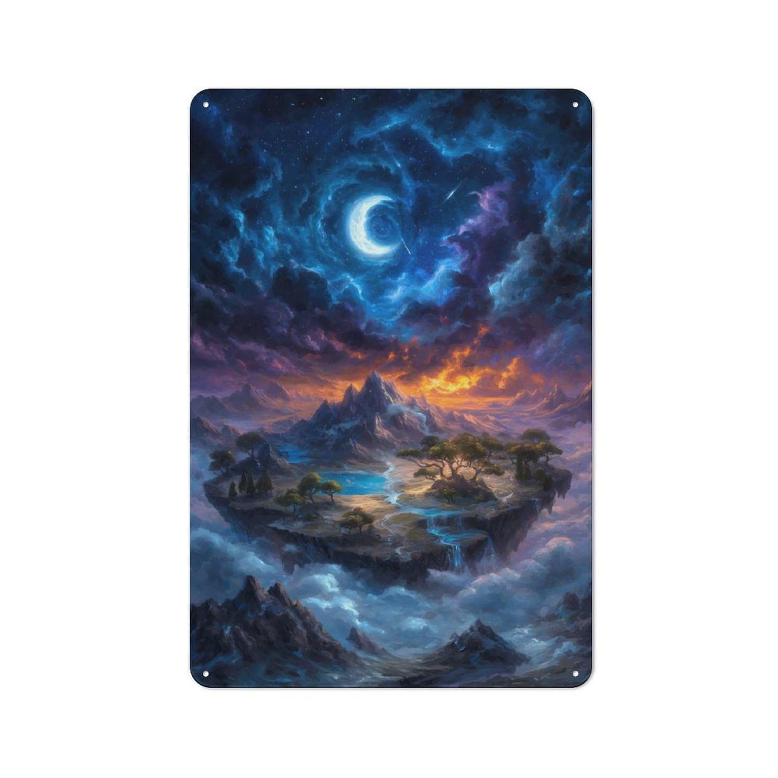 Junmoney Fantasy Floating Island Under Crescent Moon Tin Wall Plaque 30X20cm With For Workshop Wall, Suited To Makers And Diy Enthusiasts