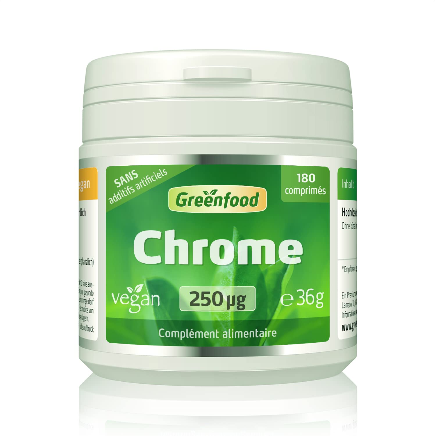 Greenfood Chrome, 250 μg, dose élevée, 180 comprimés, vegan - pour un métabolisme des macronutriments normal. SANS additifs artificiels, sans OGM.