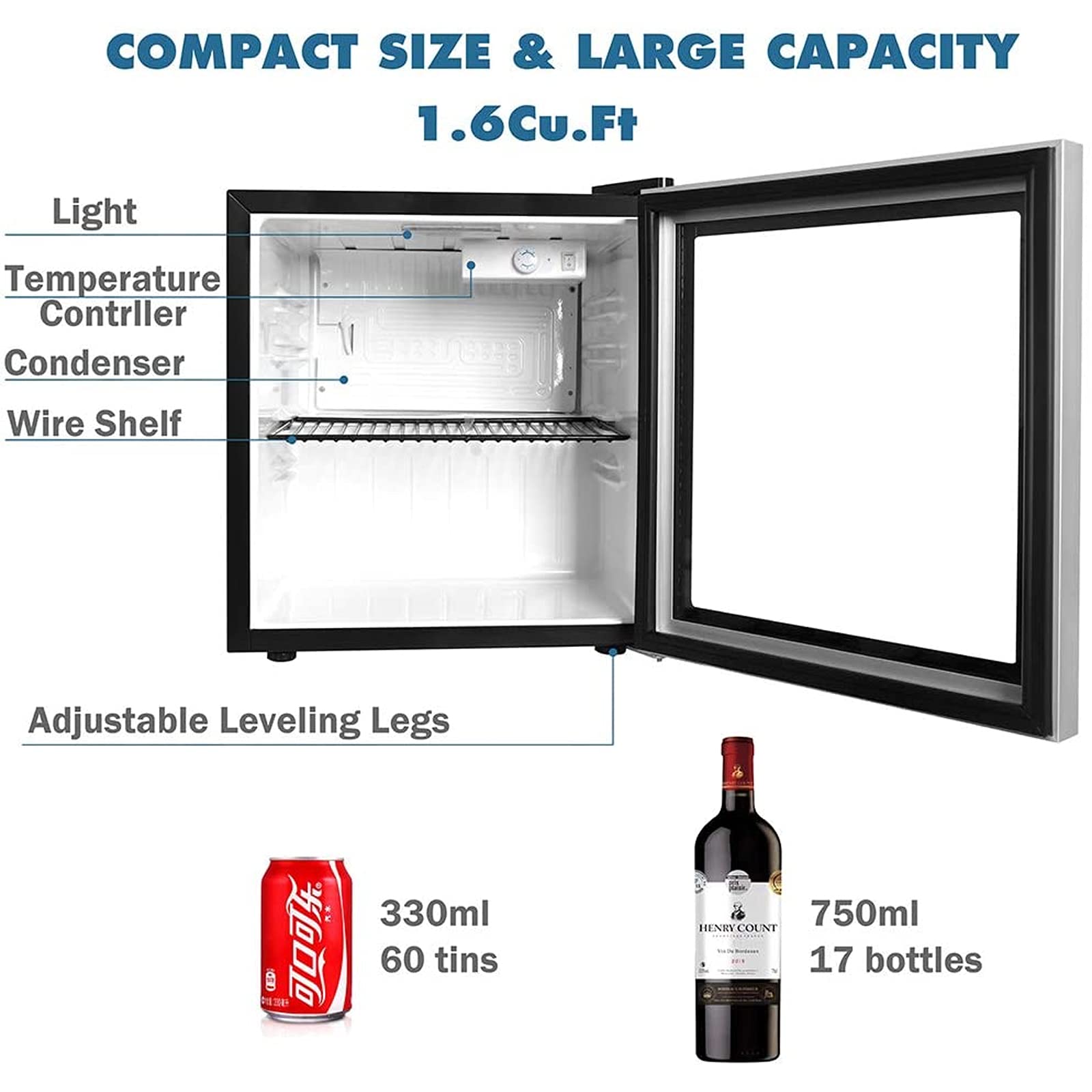Frigorifero e refrigeratore per bevande, Minifrigo da 60 lattine con porta in vetro, Frigorifero piccolo con ripiani regolabili Frigoriferi con display in acciaio inossidabile nero
