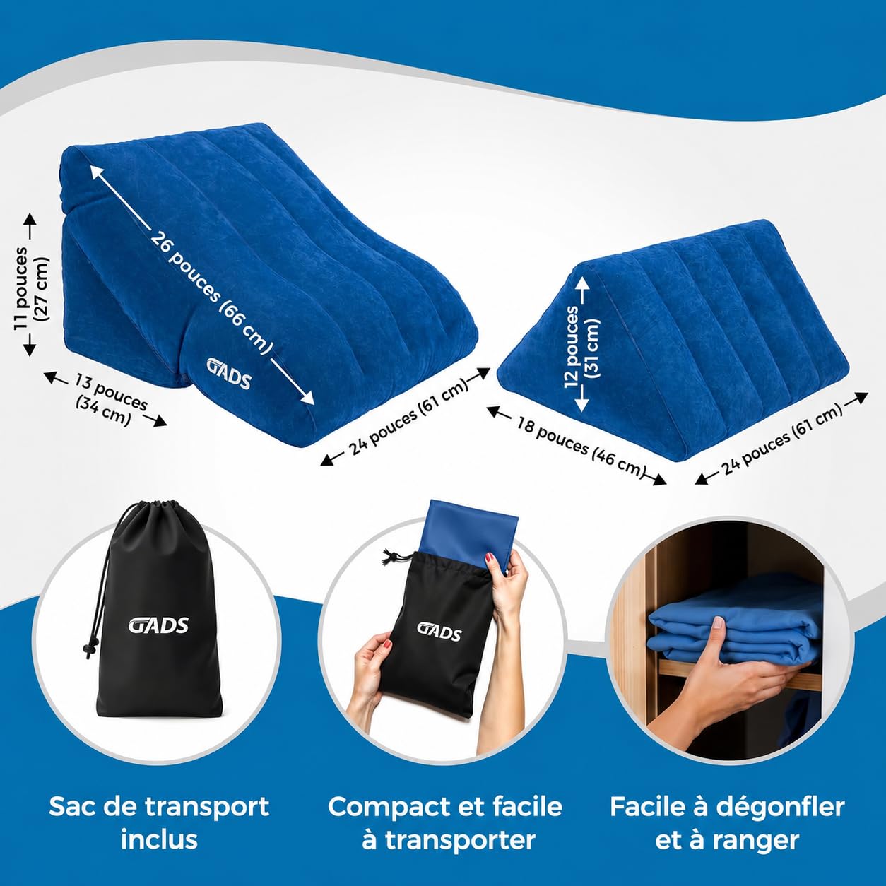 Ensemble de coussins gonflables – Cale de lit gonflable pour dormir, jambes enflées et voyage – Oreiller compact gonflable pour les jambes pour l'élévation
